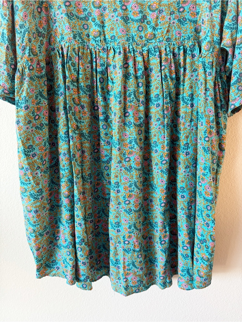 Natural Life XL Floral Boho Babydoll Dress Teal Pockets Oversized Cottagecore - Picture 9 of 12